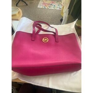 Michael Kors Jet Set Travel Tote Fuchsia Pink Saffiano Leather Gold MK Logo Bag